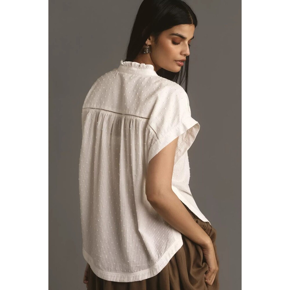 PILCRO Oversized Ruffled Blouse White Swiss Dot Striped Button Up Top SIZE XL - Picture 3 of 15